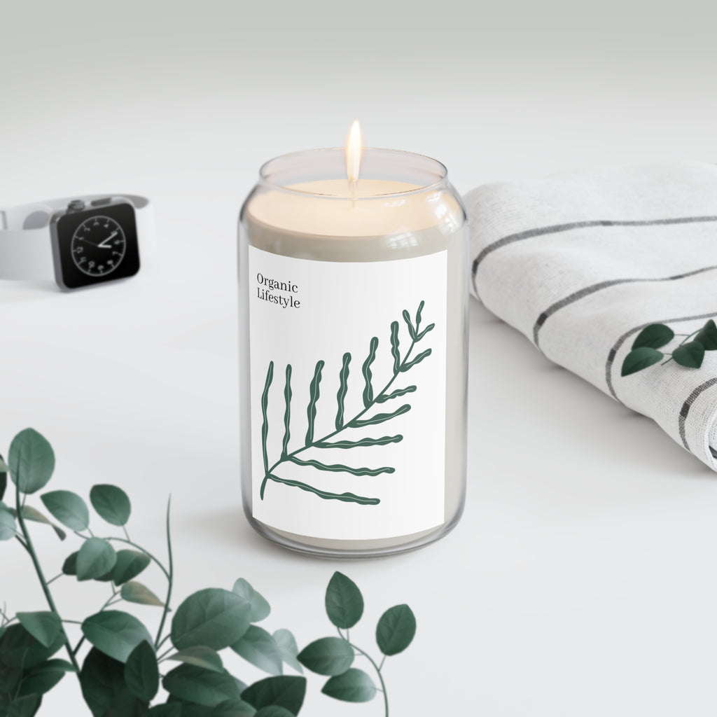 Organic Lifestyle Soy Candle — 13.75 oz Scented Jar with Botanical Leaf Design