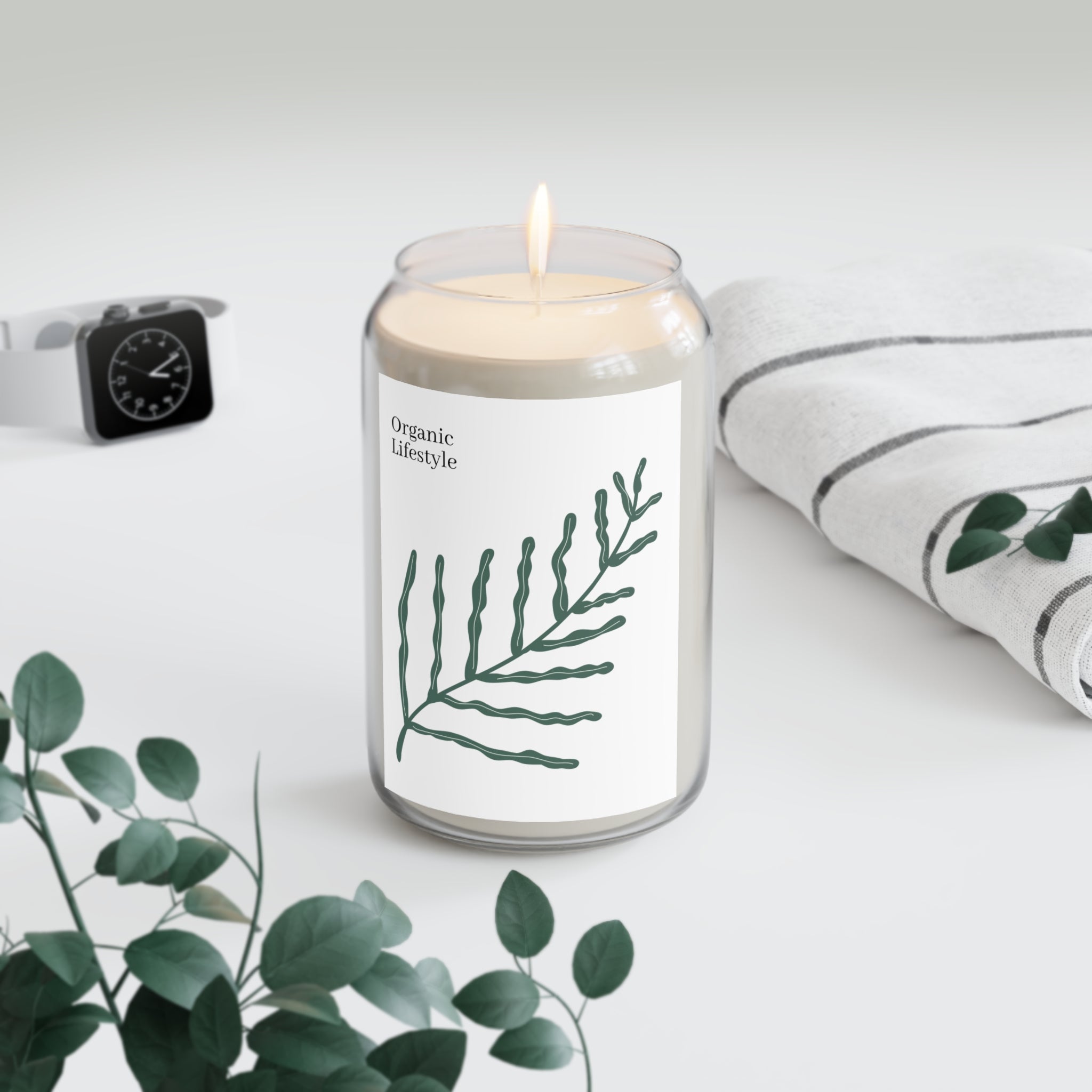 Organic Lifestyle Soy Candle — 13.75 oz Scented Jar with Botanical Leaf Design