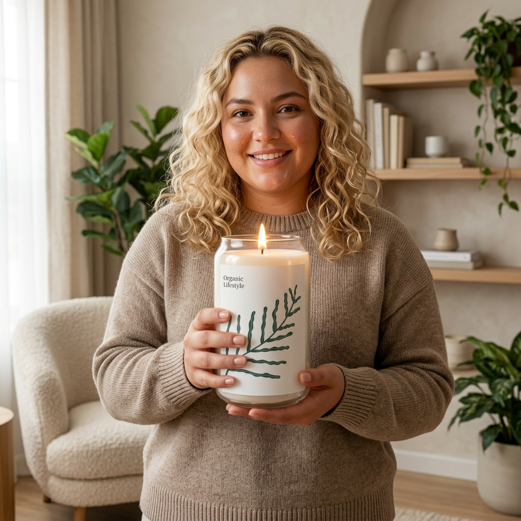 Organic Lifestyle Soy Candle — 13.75 oz Scented Jar with Botanical Leaf Design